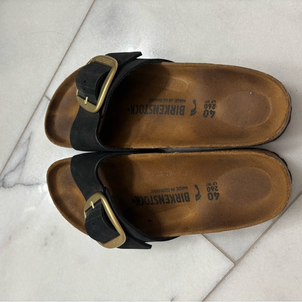 Birkenstock Black Suede Single Strap Slide with Gold Buckles - Picture 3 of 4